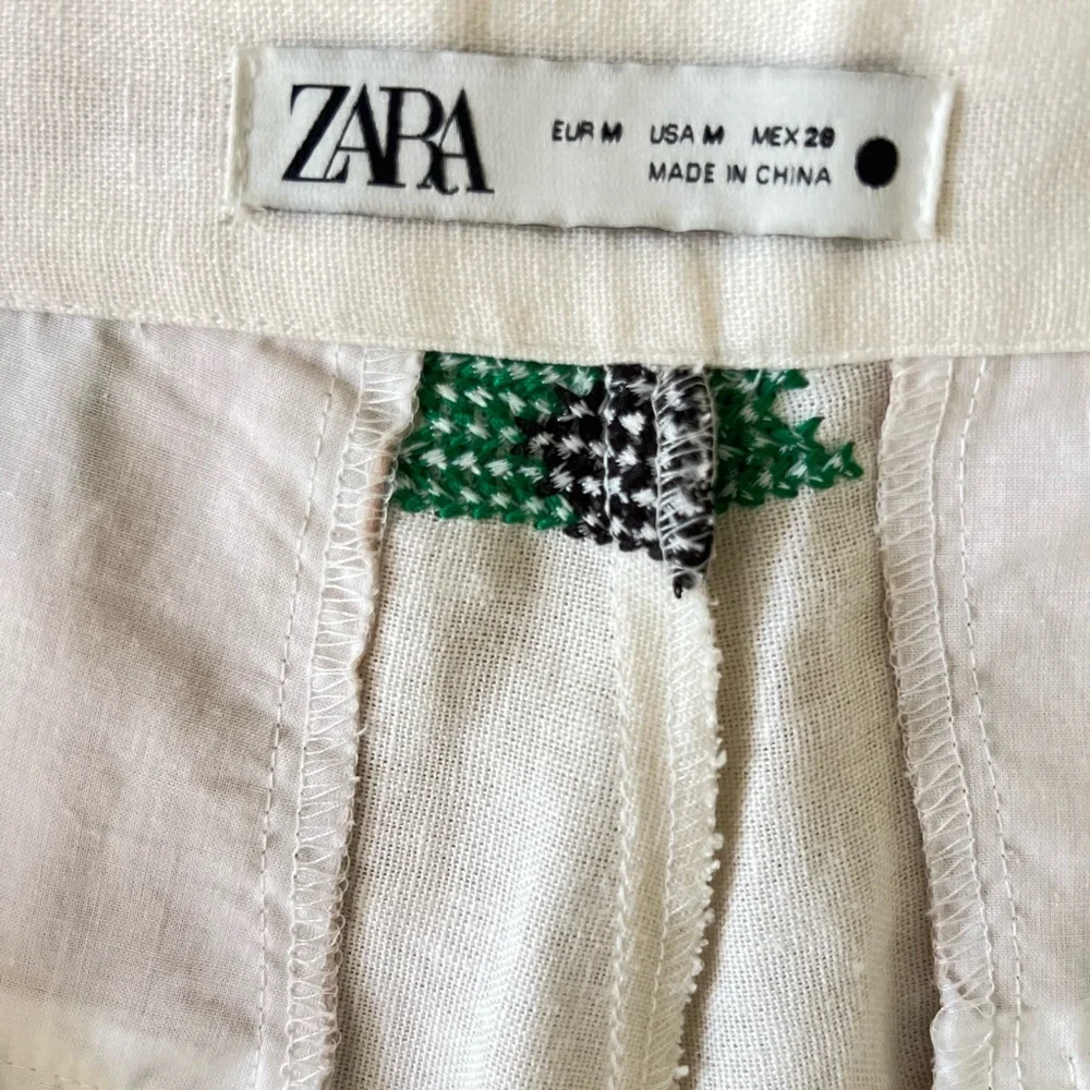 Zara Embroidered High Rise Waist Linen Crop Straight Beige Green Pant Womens M